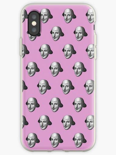 Phone case with Shakespeare's head on pink.