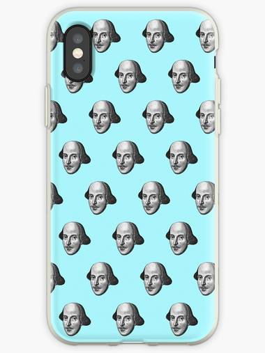 Phone case with Shakespeare's head tiled on cyan.